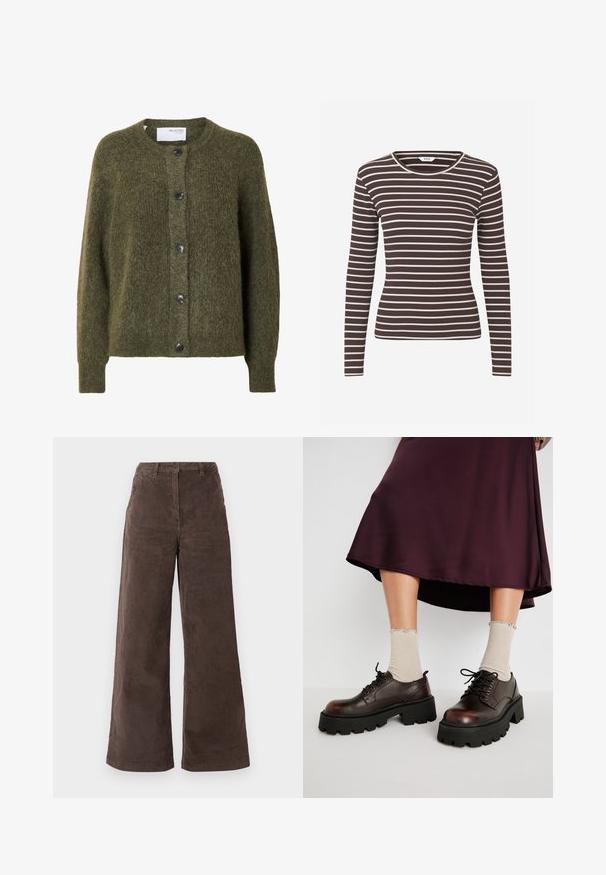 Dunkel olivgrüner, flauschiger Cardigan mit Knopfleiste, langen Ärmeln und rundem Ausschnitt, innen am Kragen mit „SELECTED FEMME“ beschriftet.; Enges, langärmliges, geripptes Oberteil mit braunen und weißen horizontalen Streifen und Rundhalsausschnitt.; Dunkelbraune Cord-Hose mit weitem Beinen, hohem Bund, Fronttaschen und einem einzelnen Knopfverschluss. Die Textur ist weich und gerippt.; Braune Leder-Plateauschuhe mit klobigen schwarzen Sohlen, kombiniert mit gerippten beigen Socken mit gewellten Kanten, vor einem gedämpften Hintergrund.