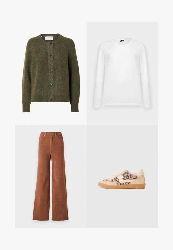 Mørk olivengrøn, blød cardigan med knapper, lange ærmer og rund halsudskæring, mærket "SELECTED FEMME" indeni kraven.; Lys grå baggrund med en liggende hvid langærmet t-shirt med rund hals og synlige mærker ved kraven.; Bredane corduroy bukser i en dyb brun farve, med lodrette ribber, frontlommer og knaplukning i taljen.; Leopardprint sneakers med beige ruskindsoverdel, tan gummisål og hvide detaljer. Rund pegefinger og snørebåndsdesign med en tekstureret finish.
