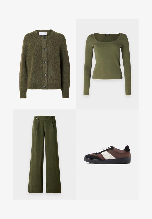 Mørk olivengrøn, blød cardigan med knapper, lange ærmer og rund halsudskæring, mærket "SELECTED FEMME" indeni kraven.; Olivengrøn langærmet top lavet af ribbet stof, med firkantet udskæring og tætsiddende design. Karakteristisk tekstur med diskrete mønstre.; Bredde ben, fløjl bukser i mørkegrøn. Har en glat tekstur, to frontlommer og to knaplukninger i taljen.; Ruskindssneakers i brun, sort og creme med tekstureret hvid panel. Har hvide snørebånd, rundet tå og sort gummisål.