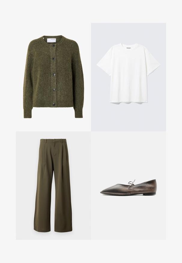 Cárdigan oscuro verde oliva con textura suave, botones, mangas largas y escote redondo, con etiqueta "SELECTED FEMME" en el interior del cuello.; Camiseta blanca de manga corta con cuello redondo y un ajuste holgado, con una etiqueta "WEEKDAY" en la parte interior trasera del cuello.; Pantalones de pierna ancha verde olivo con pliegues, presillas para cinturón y cierre frontal oculto sobre un fondo liso.; Zapato plano de cuero marrón con punta puntiaguda, tacón bajo y un pequeño lazo atado en la parte superior, mostrado de lado sobre fondo blanco.