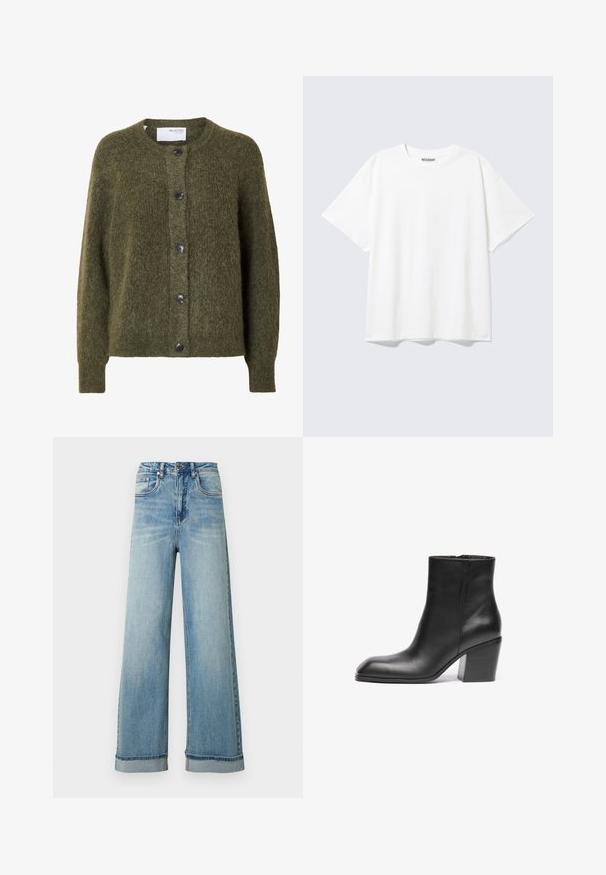 Mørk olivengrøn, blød cardigan med knapper, lange ærmer og rund halsudskæring, mærket "SELECTED FEMME" indeni kraven.; Hvid T-shirt med korte ærmer og rund halsudskæring med en afslappet pasform og et "WEEKDAY" mærke på indersiden af nakken bagtil.; Lyseblå vidbenede jeans i denim med høj talje, udstyret med fem lommer, lynlås og opsmøgede kanter. Stoffet har en let slidt tekstur.; Sort læder ankelstøvle med firkantet tå og kraftig blokhæl. Glat tekstur og minimalistisk design. Sidelukning for nem påklædning.