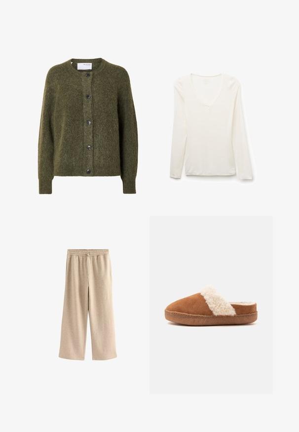 Mørk olivengrøn, blød cardigan med knapper, lange ærmer og rund halsudskæring, mærket "SELECTED FEMME" indeni kraven.; Hvid V-hals skjorte med lange ærmer, slim fit, lagt fladt på en hvid baggrund.; Cremefarvede breddebenede bukser lavet af blødt bomuldsblandingsstof. Har en elastisk talje med snor og en subtil plettet tekstur.; Brun slip-on tøffel med tyk sål og hvid fluffy kant, designet til indendørs komfort og varme.