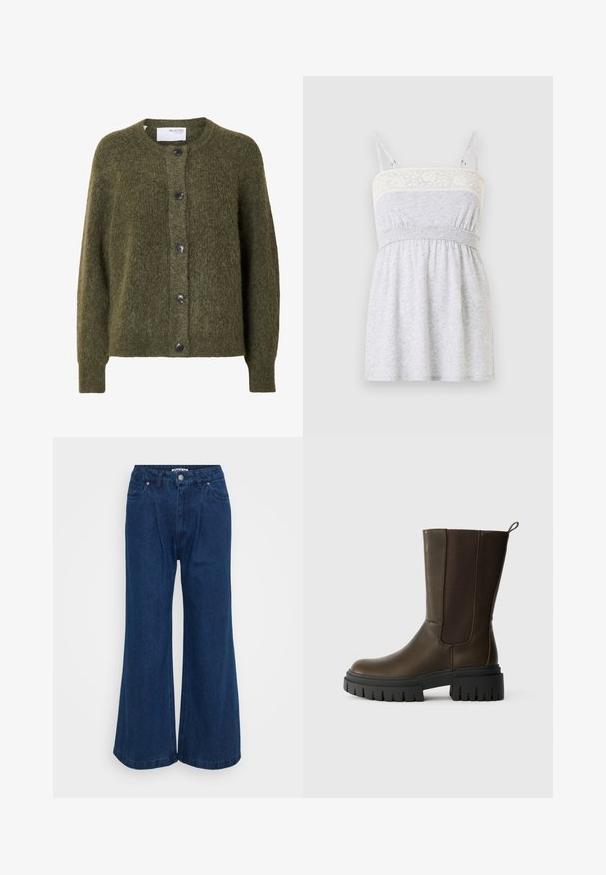 Dunkel olivgrüner, flauschiger Cardigan mit Knopfleiste, langen Ärmeln und rundem Ausschnitt, innen am Kragen mit „SELECTED FEMME“ beschriftet.; Hellgraues ärmelloses Kleid mit Spitzensaum am Ausschnitt, verstellbaren dünnen Trägern und geraffter elastischer Taillendetail.; Weite Jeanshose in Dunkelblau mit hoher Taille, Knopfverschluss, Fronttaschen und glatter Textur.; Braune Leder-Ankle Boots mit elastischen Seitenpaneelen, robusten schwarzen Gummisohlen und einer Schlaufe für einfaches An- und Ausziehen. Glatte Textur und modernes Design.