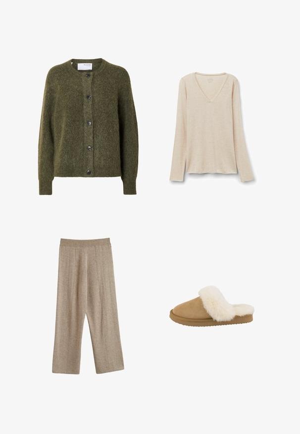 Donkergroene, zachte, gebreide cardigan met knopen, lange mouwen en een ronde hals, met het label "SELECTED FEMME" aan de binnenkant van de kraag.; Langarm V-hals top in lichtbeige stof met een zachte textuur. Relaxte pasvorm met een rechte zoom en een minimalistisch ontwerp.; Beige gebreide broek met wijde pijpen, elastische tailleband en verticale naaddetails aan de voorkant van elk been.; Tan suède slipper met een crèmekleurige nepbont kraag, ronde neus en een gestructureerde rubberen zool. Heeft een instapontwerp voor comfortabel aan- en uittrekken.