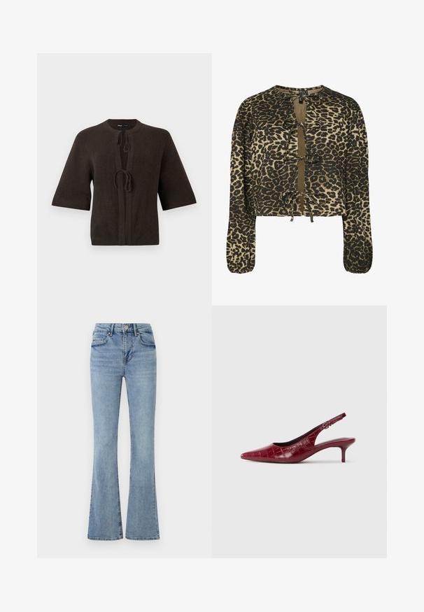 Brun strikket cardigan med korte ærmer, med rund hals og bindebånd foran. Glat overflade, minimalistisk design.; Korthus med leopardprint og lange ærmer, med snore ved halsudskæringen og kanten. Materialet er en struktureret stof med en blød overflade.; Lyseblå denimjeans med høj talje, frontknap og lynlås, fem lommer og let udvidede ben.; Bordeaux læder slingback pumpe med krokodillestruktur, spidse tæer, justerbar spænde rem og lav kitten hæl på en hvid baggrund.