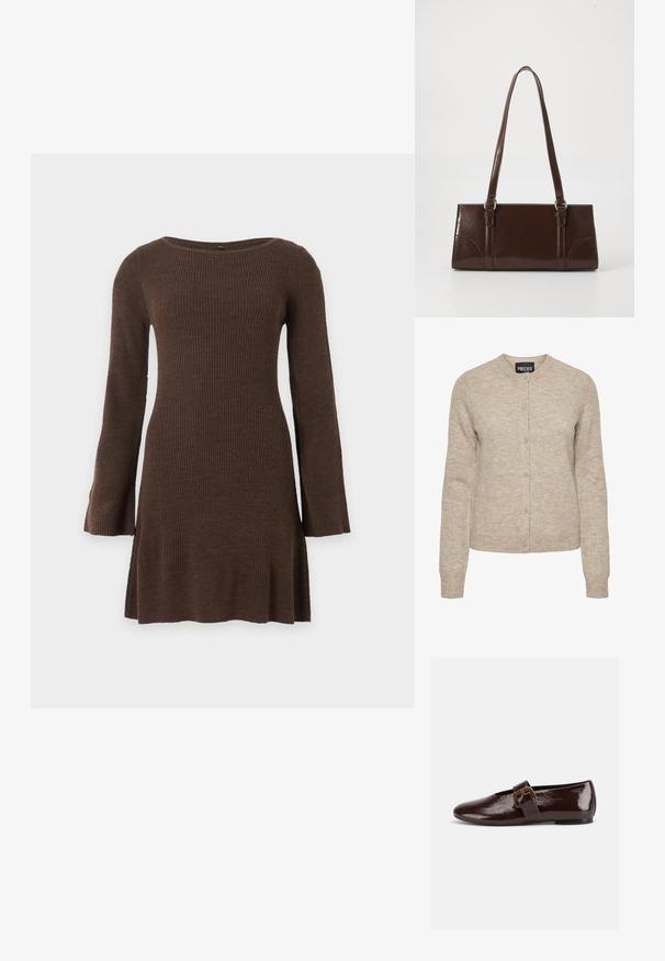 Beige gebreide cardigan met een ronde halslijn, knoopsluiting, lange mouwen en geribde manchetten. Gemaakt van zachte, gestructureerde stof.; Bruine geribbelde gebreide jurk met lange mouwen, een ronde hals en licht uitlopende zoom, weergegeven op een effen lichte achtergrond.; Donkerbruine lakleren platte schoen met een grote gouden gesp en een afgeronde teen, zijaanzicht op een witte achtergrond.; Bruine lakleren handtas met een rechthoekige vorm, twee lange handvatten en subtiele gebogen accenten aan de voorkant.