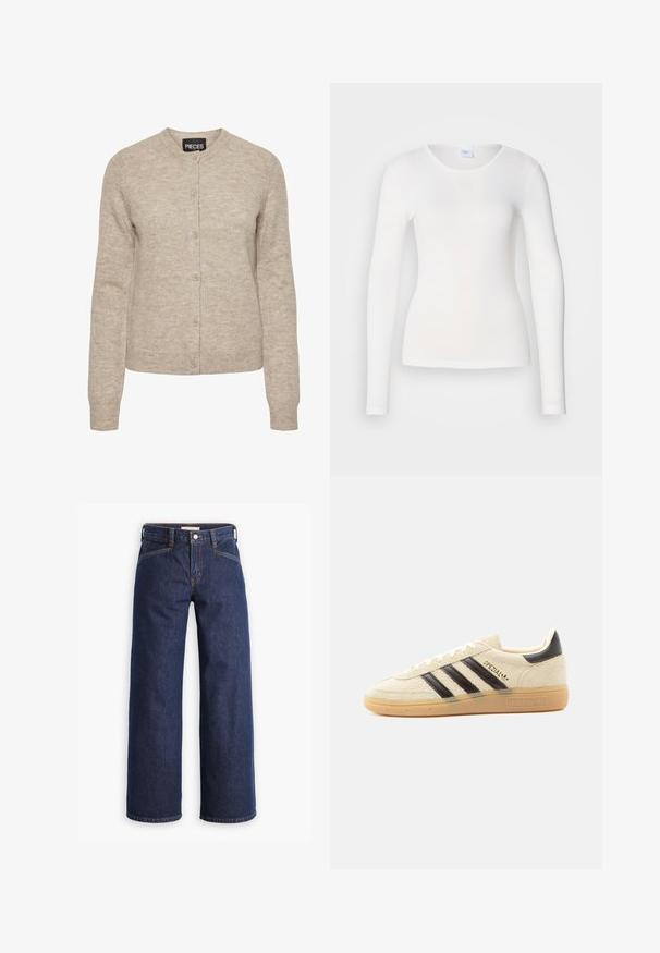 Cardigan de punto beige con cuello redondo, cierre de botones, mangas largas y puños acanalados. Fabricado con un tejido suave y texturizado.; Camisa blanca de manga larga hecha de una tela suave y lisa; presenta un cuello redondo y una forma ajustada, sin patrones ni adornos.; Vaqueros de mezclilla azul oscuro con cintura alta, corte recto y discreta costura naranja. Presentan un cierre frontal con botón y cremallera.; Zapatilla de ante color crema con rayas negras, suela de goma, lengüeta negra en el talón y texto dorado "SPEZIAL" en el lateral.