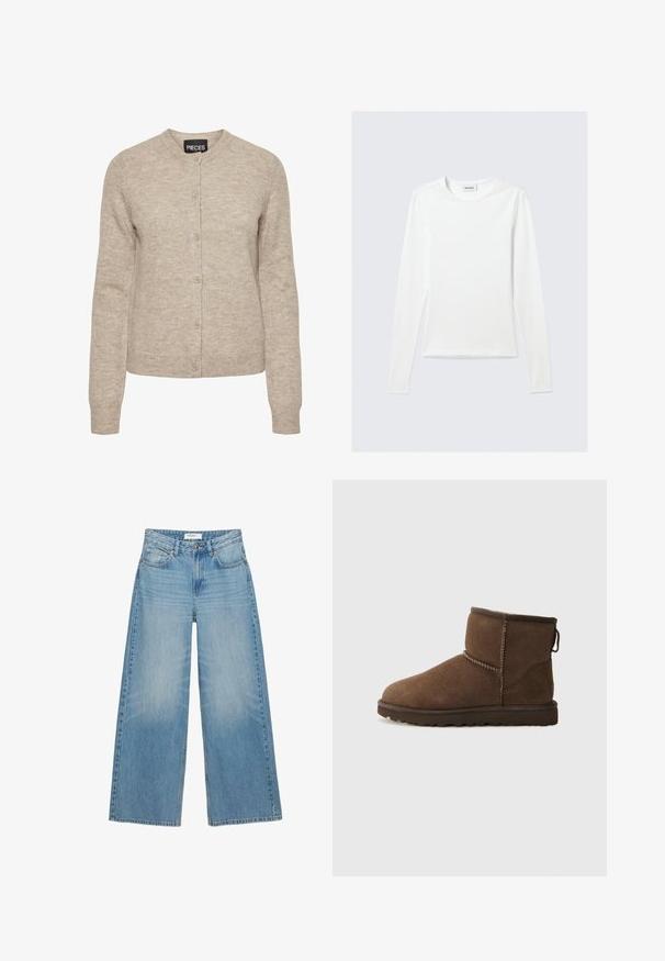Beige gebreide cardigan met een ronde halslijn, knoopsluiting, lange mouwen en geribde manchetten. Gemaakt van zachte, gestructureerde stof.; Effen wit shirt met lange mouwen en ronde hals, slim fit, afgebeeld tegen een lichtgrijze achtergrond.; Lichtblauwe wijde denim jeans met voorzakken, riemlussen, knoopsluiting en zichtbare stikseldetails.; UGG CLASSIC MINI II - Snowboots - dusted cocoa