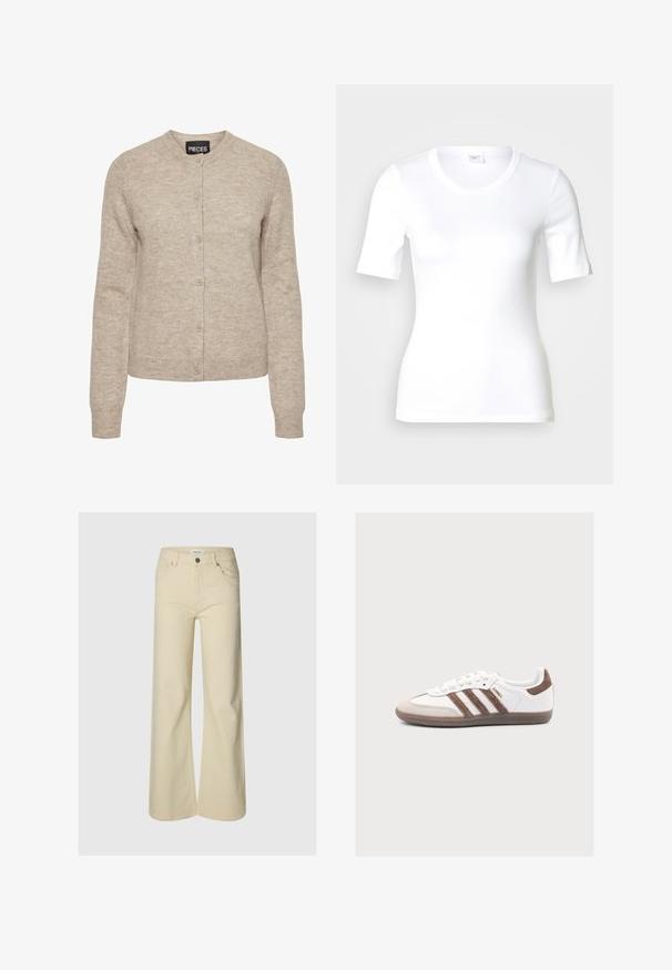 Beige neulecardigan, jossa on pyöreä kaula-aukko, nappikiinnitys, pitkät hihat ja ribbireunat. Valmistettu pehmeästä, tekstuuripintaisesta kankaasta.; Valkoinen lyhythihainen t-paita, joka on valmistettu sileästä puuvillasta, pyöreällä pääntiellä ja istuvalla leikkauksella. Klassinen muotoilu, ilman kuvioita tai koristeita.; Beiget korkeavyötäröiset leveälahkeiset housut, joissa on edessä nappi ja vetoketjusuljenta, vyölenkit ja kaksi etutaskua yksinkertaista taustaa vasten.; Valkoinen Adidas Samba -lenkkari, jossa ruskeat mokkaisomisteiset raidat, ruskea mokkavarvas ja kumipohja vaaleanharmaalla taustalla.