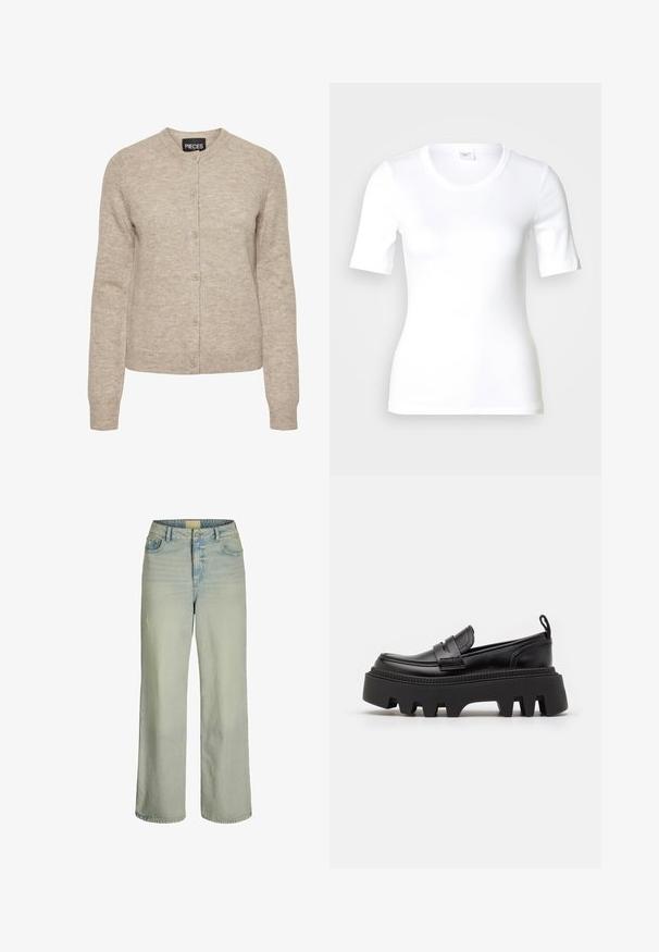 Beige gestrickte Strickjacke mit rundem Halsausschnitt, Knopfverschluss, langen Ärmeln und gerippten Bündchen. Hergestellt aus weichem, strukturiertem Stoff.; Weißes T-Shirt mit kurzen Ärmeln aus glattem Baumwollstoff, mit rundem Ausschnitt und figurbetonter Form. Klassisches Design, ohne Muster oder Akzente.; Hellblaue weite Jeans aus Denim, mit hoher Taille, Fronttaschen und einem Knopf- und Reißverschluss. Glatte Textur mit leichtem Verblassen.; Schwarze Lederloafer mit einer massiven schwarzen Gummisohle, ausgestattet mit rutschfesten Rillen und einem dekorativen Riemen über der Vorderseite.