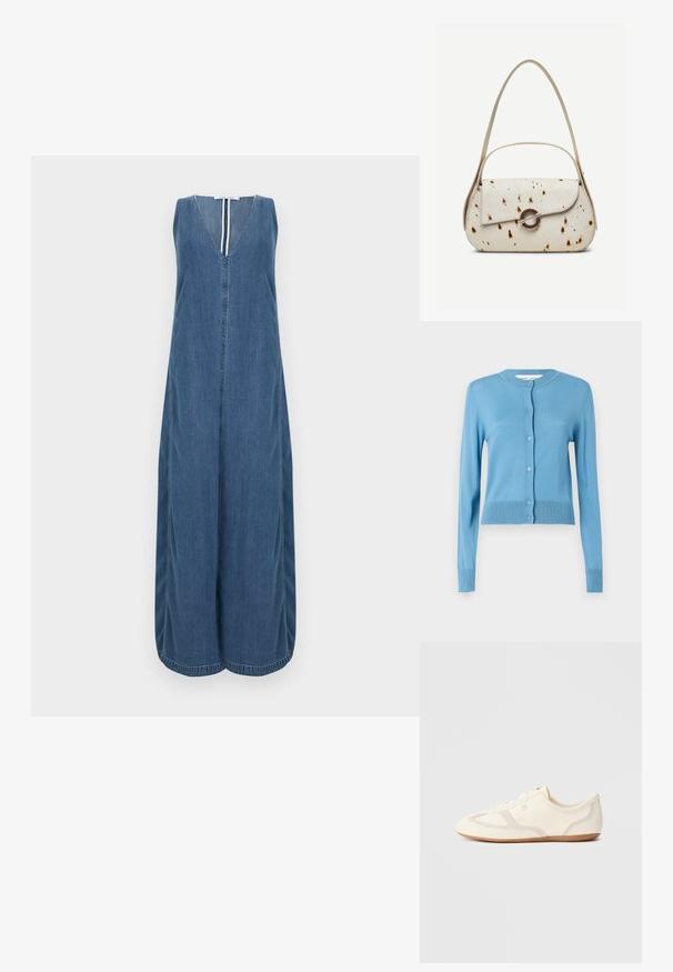Un cardigan bleu clair avec un col rond, des manches longues et une fermeture à boutons. Fabriqué dans un matériau doux avec des accents côtelés au niveau de l'ourlet.; Robe sans manches en denim avec un profond décolleté en V, longueur totale et fronces sur les côtés. Finitions soignées avec des bords nets et une patte de boutonnage centrale.; Baskets couleur crème avec une tige en daim et tissu, un bout arrondi, et une semelle en caoutchouc avec un détail accent beige. Fermeture à lacets.; Sac à main couleur crème avec des taches marron, rabat incurvé avec une fermeture métallique circulaire, doté de deux fines anses, dont une plus longue pour porter à l'épaule.