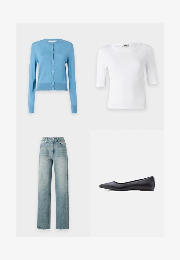 Un cardigan bleu clair avec un col rond, des manches longues et une fermeture à boutons. Fabriqué dans un matériau doux avec des accents côtelés au niveau de l'ourlet.; T-shirt blanc à côtes avec un col rond et des manches mi-longues. Fabriqué en matériau doux avec une texture lisse. Étiquette visible au niveau du col.; Copenhagen Muse JEANNE PANTS - Jean boyfriend - medium dirty washed denim; Chaussure plate en cuir noire à bout pointu avec petit talon, vue de profil sur fond blanc.