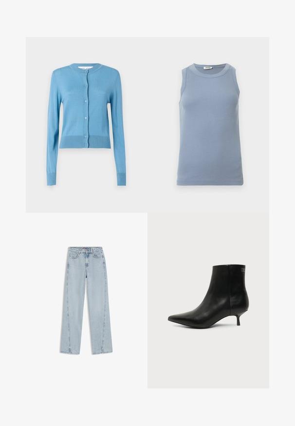 Un cardigan bleu clair avec un col rond, des manches longues et une fermeture à boutons. Fabriqué dans un matériau doux avec des accents côtelés au niveau de l'ourlet.; Haut bleu sans manches avec une texture côtelée, un col rond et une coupe ajustée. Le tissu semble lisse et léger.; Jean en denim bleu clair taille haute, coupe droite, avec poches avant, passants de ceinture, fermeture par boutons et petites fentes aux ourlets inférieurs.; Bottine en cuir noir avec bout pointu et petit talon kitten sur fond clair, vue côté extérieur.