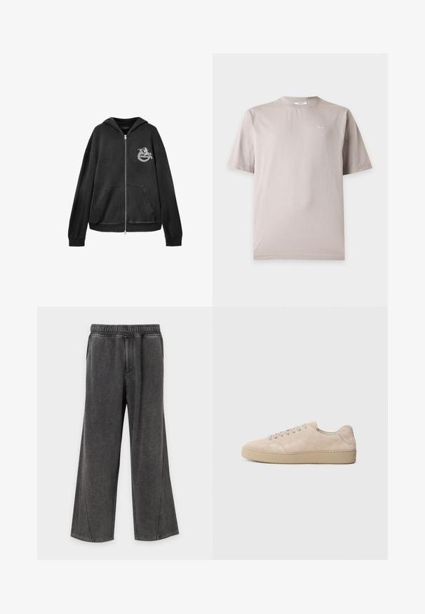 Sweat à capuche noir avec fermeture éclair, poches avant, un motif de dragon blanc et le texte "AllSaints" sur le côté gauche de la poitrine.; T-shirt en coton beige clair à manches courtes avec petit logo blanc "NN.07" sur la poitrine gauche et col rond.; Pantalon gris foncé à jambes larges avec ceinture élastique et deux poches latérales, fabriqué en tissu doux et confortable.; Baskets en daim beige avec un bout rond, des lacets plats et une semelle en caoutchouc texturé. Design minimaliste avec des bords lisses et des coutures discrètes.