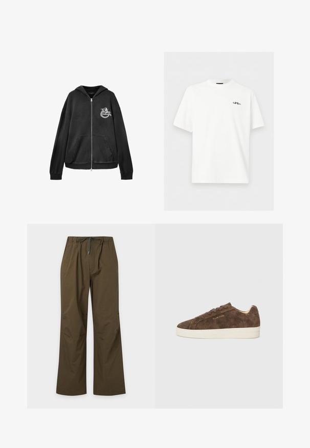 Sweat à capuche noir avec fermeture éclair, poches avant, un motif de dragon blanc et le texte "AllSaints" sur le côté gauche de la poitrine.; T-shirt blanc à manches courtes avec col rond et petit logo noir brodé sur la poitrine gauche, "Paul Smith", sur fond uni.; Pantalon décontracté vert olive avec taille élastique et cordon de serrage à l'avant, coupe droite et coupe décontractée.; Baskets en daim marron avec une silhouette basse, un bout arrondi et une semelle en caoutchouc blanc. Elles présentent des lacets foncés et un logo discret sur le côté.