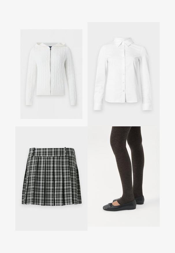 Sweat à capuche blanc en maille torsadée avec fermeture éclair, manches longues et poignets et ourlet côtelés sur fond uni.; Chemise blanche à manches longues avec boutons, col pointu, ourlet droit et silhouette ajustée, présentée sur un fond clair uni.; Jupe plissée à carreaux noir et blanc avec une taille lisse et de multiples plis verticaux. Fabriquée en tissu léger.; Jambes portant des leggings côtelés foncés associés à des ballerines noires avec de petits détails en nœud sur fond blanc.