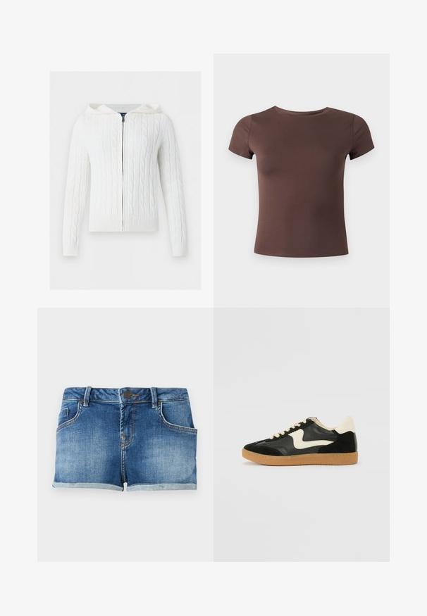 Sweat à capuche blanc en maille torsadée avec fermeture éclair, manches longues et poignets et ourlet côtelés sur fond uni.; T-shirt marron court moulant avec manches courtes et col rond sur un fond clair uni.; Short en denim bleu avec bouton sur le devant, passants pour ceinture, poches avant et ourlet retroussé sur un fond clair uni.; Baskets en daim et cuir noir avec un swoosh latéral crème et un talon crème clair. Dotées de lacets beige et d'une semelle en caoutchouc gomme.