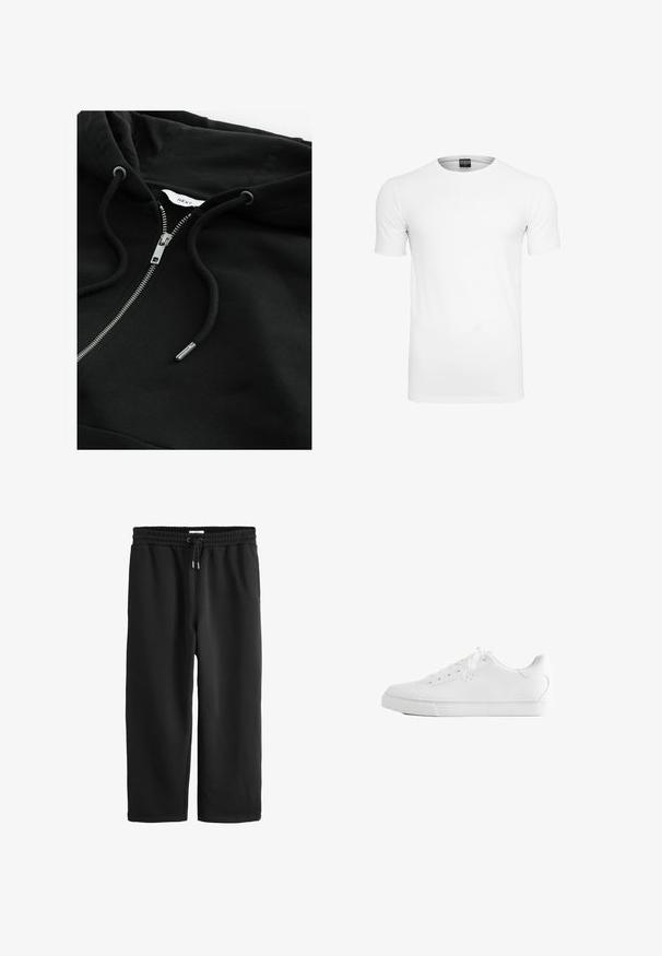 Sort zip-up hoodie med snortræk i hætten, metallisk lynlås og struktureret stof. Har et lille brandetiket inde i halsudskæringen.; Ensfarvet hvid t-shirt med korte ærmer og rund hals på en hvid baggrund, vist fra fronten med synlig mærkat inde i kraven.; Sorte viddebenede sweatpants med elastisk talje og justerbar snor, lavet af blødt, behageligt stof.; Hvid lavtop sneakers med snørebånd, glat læderoverdel og flad gummiå sole set fra siden på en hvid baggrund.