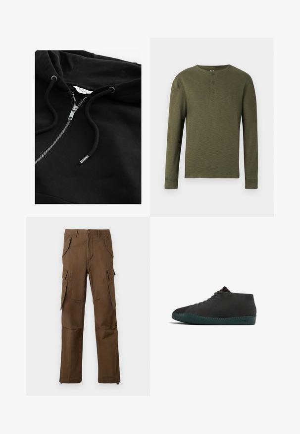 Sort zip-up hoodie med snortræk i hætten, metallisk lynlås og struktureret stof. Har et lille brandetiket inde i halsudskæringen.; Langærmet olivengrøn henley skjorte med rund hals, tre knapper ved kraven og en tekstureret stofoverflade.; Brune cargobukser lavet af slidstærkt stof, med flere lommer, lige ben og lynlåse nederst.; Sort ruskindshøj top sko med rund tå, grøn gummisål og mørke snørehuller. Har et minimalistisk design med diskret syning.