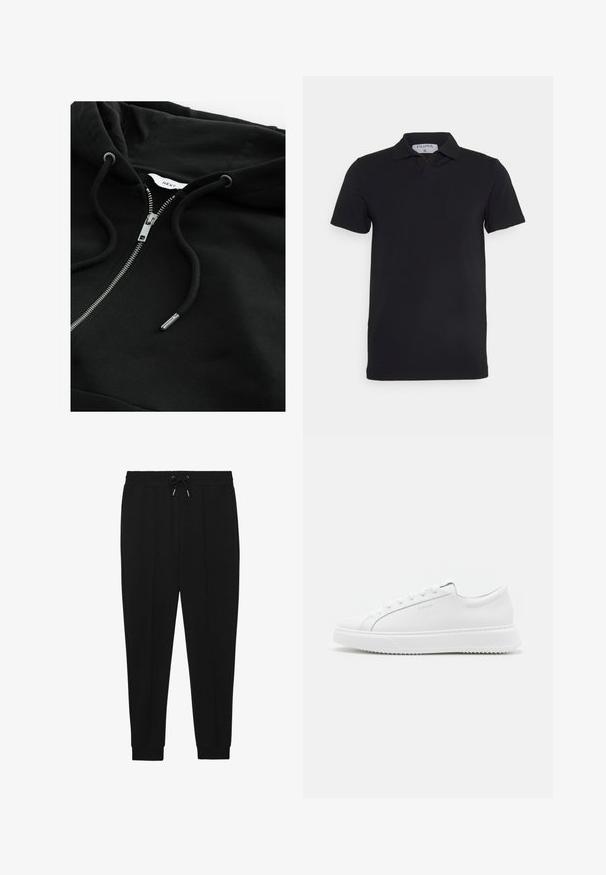 Sort zip-up hoodie med snortræk i hætten, metallisk lynlås og struktureret stof. Har et lille brandetiket inde i halsudskæringen.; Sort kortærmet polo-shirt med klassisk krave, lavet af glat stof. Har et mærke med brandnavnet 'Filippa K' ved halsudskæringen.; Sorte træningsbukser med snøre i taljen, tapered ben og ribbede manchetter. Fremstillet af et blødt stof med en glat tekstur.; Hvide sneakers lavet af glat syntetisk materiale. Har et lavt design, forhøjet hvid sål, rund tå og snørebånd foran med fem snøre-huller.
