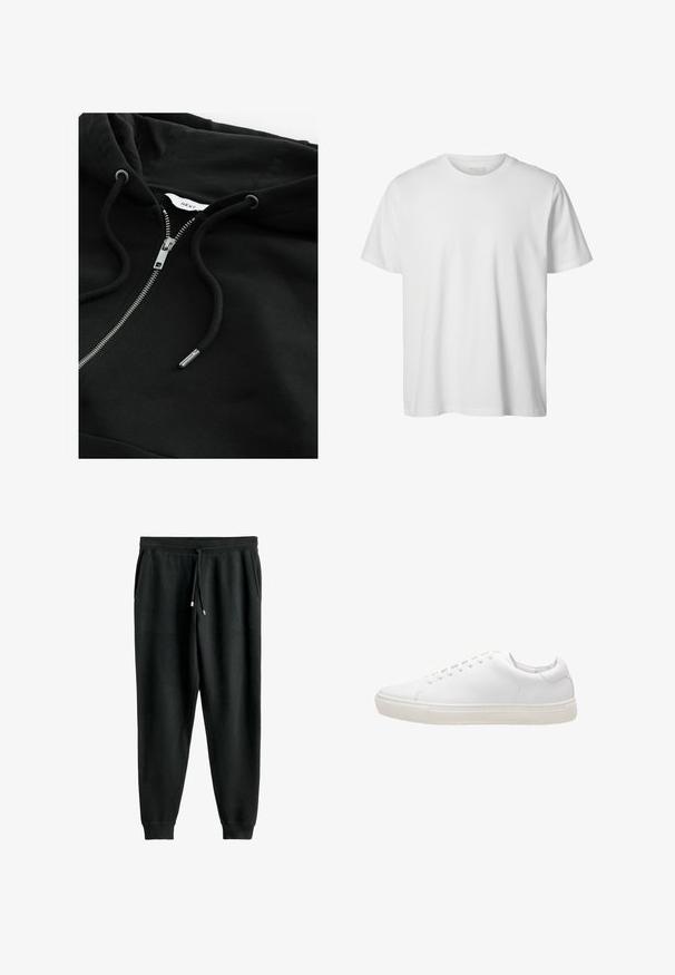 Sort zip-up hoodie med snortræk i hætten, metallisk lynlås og struktureret stof. Har et lille brandetiket inde i halsudskæringen.; Enkelt hvid T-shirt med korte ærmer og rund hals, løs pasform og uden synlige logoer eller designs foran.; Sorte sweatpants med snoretræk i taljen, sidelommer, tapered ben og ribbede manchetter. Fremstillet af blødt stof med en glat tekstur.; Hvide lædersneakers med en glat overflade, rund tå, snørebåndslukning og flad gummisål. Minimalistisk design uden synlige mønstre.