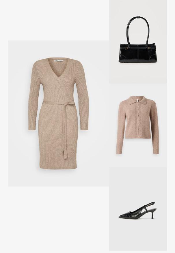 Beige strikket cardigan med krave, prydet med dekorative knapper og diskrete udsmykninger ned foran. Blød tekstur, ribbet kant.; Beige ribbet strik-wrap kjole med lange ærmer, V-hals og bindebånd i taljen. Glat overflade, tætsiddende design, mellemlang længde.; Sorte slingback hæle med spids tå og et tekstureret, krokodillepræget mønster. Inkluderer en smal ankelrem og en lille hæl.; Glansfuld sort rektangulær håndtaske med to tynde skulderremme og små guldbeslag foran.