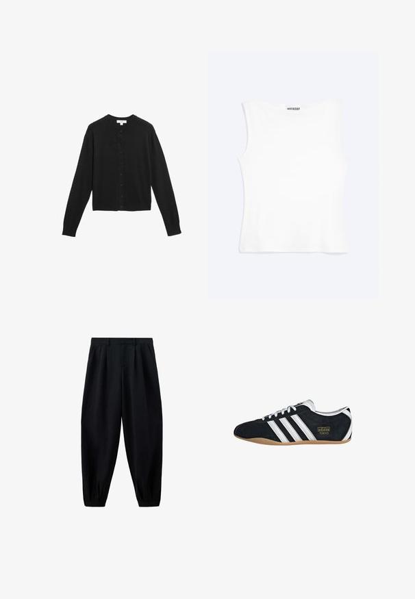 Cárdigan negro hecho de una tela suave, con escote redondo, mangas largas y cierre frontal de botones con botones negros a juego.; Camiseta sin mangas blanca ajustada con escote redondo y diseño minimalista, etiquetada como "WEEKDAY" en el interior del cuello.; Pantalones negros de cintura alta y corte cónico con pliegues en la cintura y los bajos, y bolsillos laterales, mostrados sobre un fondo blanco.; Zapatillas de ante negro con tres franjas blancas, logotipo dorado y suela de goma marrón. Presentan un diseño de cordones de perfil bajo.