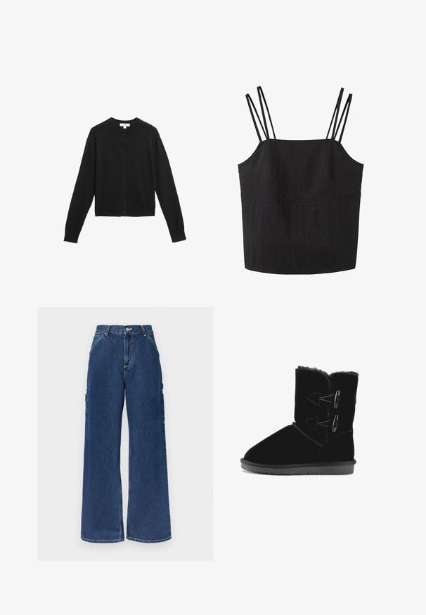 Cardigan noir en tissu doux, avec un col rond, des manches longues et une fermeture à boutons à l'avant avec des boutons noirs assortis.; Top noir sans manches avec deux fines bretelles sur chaque épaule et un décolleté droit.; Jean en denim bleu foncé taille haute à jambes larges avec poches avant, poches latérales utilitaires, et fermeture à boutons et zip.; Bottines en daim noir avec un bout arrondi, deux sangles diagonales sur le côté, doublure en polaire noire et semelle en caoutchouc noire texturée.