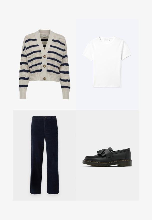 Cárdigan de punto en color crema con rayas navy. Presenta un escote en V, cuatro grandes botones y puños de canalé en las mangas largas.; Camiseta blanca lisa de manga corta con cuello redondo y una pequeña etiqueta "WEEKDAY" dentro del cuello, mostrada extendida sobre un fondo claro.; Pantalones de pana azul marino con piernas rectas, que cuentan con un cierre de botón y un tejido texturizado. Sin patrones o acentos visibles.; Mocasines de cuero negro con punta redonda, que presentan un detalle de flecos y una banda decorativa en la parte frontal, montados sobre un tacón grueso.
