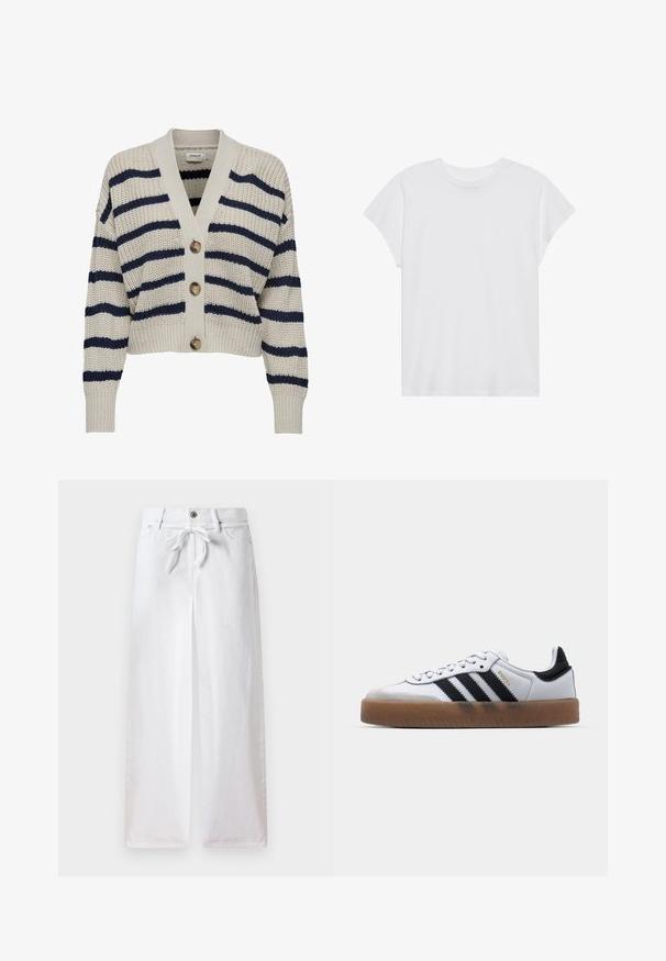 Cárdigan de punto en color crema con rayas navy. Presenta un escote en V, cuatro grandes botones y puños de canalé en las mangas largas.; Camiseta blanca de manga corta con cuello redondo, corte relajado, hecha de suave tela de algodón. Textura lisa, sin estampados ni logotipos.; Pantalones anchos de algodón de color blanco. Presentan un lazo ajustable en la cintura y un cierre con botón. Textura suave con un diseño minimalista.; Zapatillas de cuero blancas con rayas negras, suela de goma, puntera redonda, cierre de cordones y caperuza de ante gris suave.