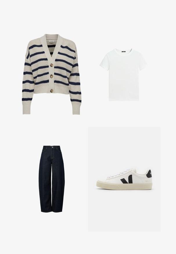 Strikket cardigan i cremegul med marineblå striber. Den har en V-halsudskæring, fire store knapper og ribbede manchetter på de lange ærmer.; Almindelig hvid T-shirt med korte ærmer, rund halsudskæring og lille sort label inden i kraven.; Bredde ben mørkeblå denim jeans med høj talje, færdiggjort med kontrasterende orange syninger og en knaplukning foran.; Hvide lædersneakers med sort gummiv V-logo. Tekstureret off-white sål, hvide snørebånd og bagside med brandnavn i sort.