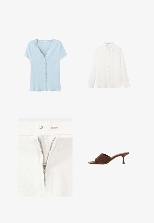 Cardigan bleu clair à manches courtes, boutonné, avec des bords festonnés le long de l'encolure, de la patte de boutonnage et de l'ourlet.; Chemise blanche à manches longues boutonnée, avec un col pointe et de larges poignets, en tissu uni et lisse.; Gros plan d'un vêtement blanc avec une fermeture éclair argentée partiellement ouverte et une étiquette indiquant la taille EU 38, USA 4, fabriqué au Pakistan.; Mule en daim marron à bout ouvert, talon en bois incurvé de hauteur moyenne et design à enfiler sur fond blanc.