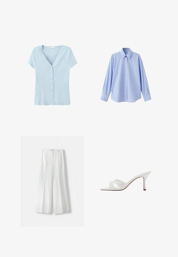 Lyseblå cardigan med korte ærmer og knapper, med bølgede kanter langs halsudskæring, knapliste og kant.; Lyseblå skjorte med lange ærmer med hvide lodrette striber og hvide knapper foran, med spids krave og knappede manchetter.; Hvide brede bukser med høj talje, midterfold og klassisk knaplukning. Fremstillet af glat stof med en skræddersyet design.; Hvid mule med åben tå, krydsede remme og en slank mellemhøj stiletthæl, vist i profil på en hvid baggrund.