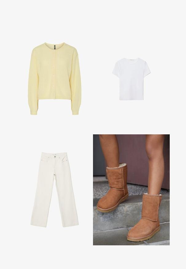Gelbes Strickjacke aus weichem Strickstoff, mit Rundhalsausschnitt, Knopfverschluss vorne und langen Ärmeln mit gerippten Bündchen.; Weißes kurzärmliges T-Shirt aus weichem Stoff. Hat einen runden Halsausschnitt und ein einfaches, sauberes Design mit geradem Saum.; Weiße Jeans mit weitem Bein, vorne mit Knopf und Reißverschluss, vordere und Münztaschen, flach auf weißem Hintergrund dargestellt.; Braune Wildleder-Stiefeletten mit runder Spitze, weicher Innenausstattung und Gummisohle, die über sichtbare Nähte entlang der Nähte verfügen.