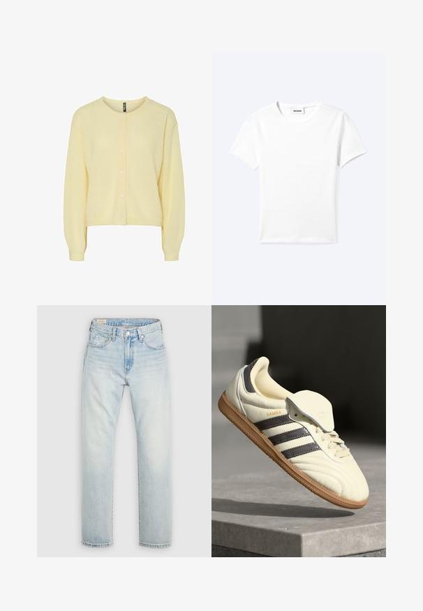 Gul cardigan lavet af blødt strikstof, med rund halsudskæring, knaplukning foran og lange ærmer med ribbede manchetter.; Ensfarvet hvid t-shirt med korte ærmer og rund halsudskæring med en lille "WEEKDAY" label indeni halskanten, vist fladt på en lys baggrund.; Lyseblå denimjeans med straight-leg design, fem-lomme styling og en let falmet finish. Lukning med knap og lynlås.; Cremefarvede lædersneakers med tre mørke striber, en brun gummisål og en afrundet tå. Har en foldbar tunge mærket "SAMBA."