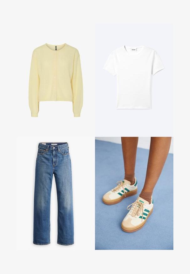 Gul cardigan lavet af blødt strikstof, med rund halsudskæring, knaplukning foran og lange ærmer med ribbede manchetter.; Ensfarvet hvid t-shirt med korte ærmer og rund halsudskæring med en lille "WEEKDAY" label indeni halskanten, vist fladt på en lys baggrund.; Lyseblå denimjeans med høj talje, bred benstil, klassisk fem-lomme design og subtil falmning på stoffet.; Beige sneakers med mørkegrønne striber, gummisål, overdel i ruskind og tekstil samt neutralt hardware, parret med brune sokker på en lyseblå overflade.