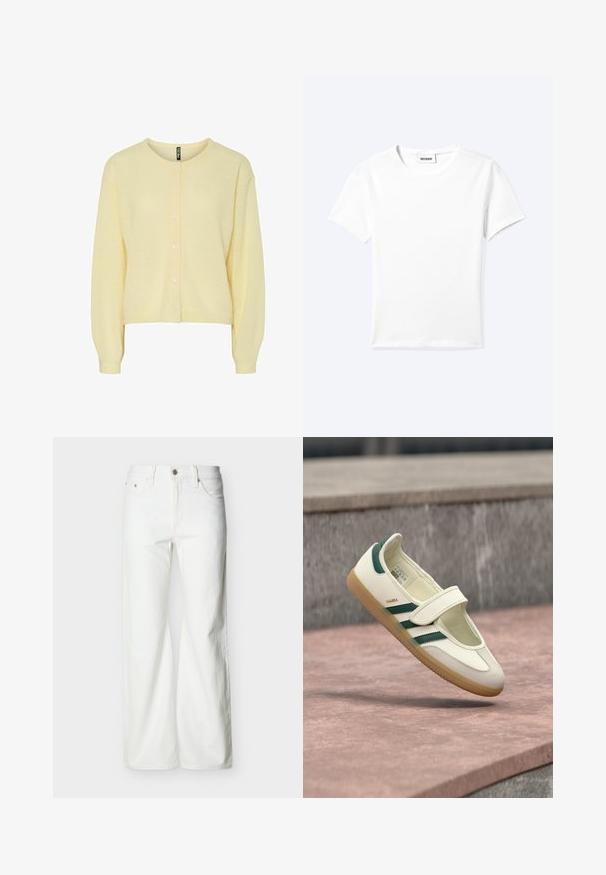 Gul cardigan lavet af blødt strikstof, med rund halsudskæring, knaplukning foran og lange ærmer med ribbede manchetter.; Ensfarvet hvid t-shirt med korte ærmer og rund halsudskæring med en lille "WEEKDAY" label indeni halskanten, vist fladt på en lys baggrund.; Hvide jeans med høj talje og lige ben, med forreste knap, lynlåslukning samt sidelommer og baglommer, mod en ensartet lys baggrund.; Hvid lædersko med grønne striber, rund tå, fastgjort med en rem. Gummisål, minimalistisk design, hævet syning langs de øvre kanter.