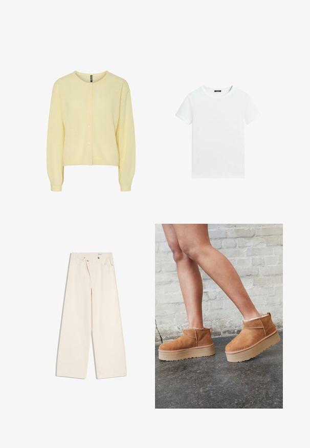 Gul cardigan lavet af blødt strikstof, med rund halsudskæring, knaplukning foran og lange ærmer med ribbede manchetter.; Almindelig hvid T-shirt med korte ærmer, rund halsudskæring og lille sort label inden i kraven.; Off-white bukser med vidde i benene, foranlommer, bærestropper og sølvknapper på linningen og lommekanter.; Brune ruskinds ankelsko med en blød foring, tyk beige plattformsål og en bageste løkke. Tekstureret overflade med synlige sømdetaljer.