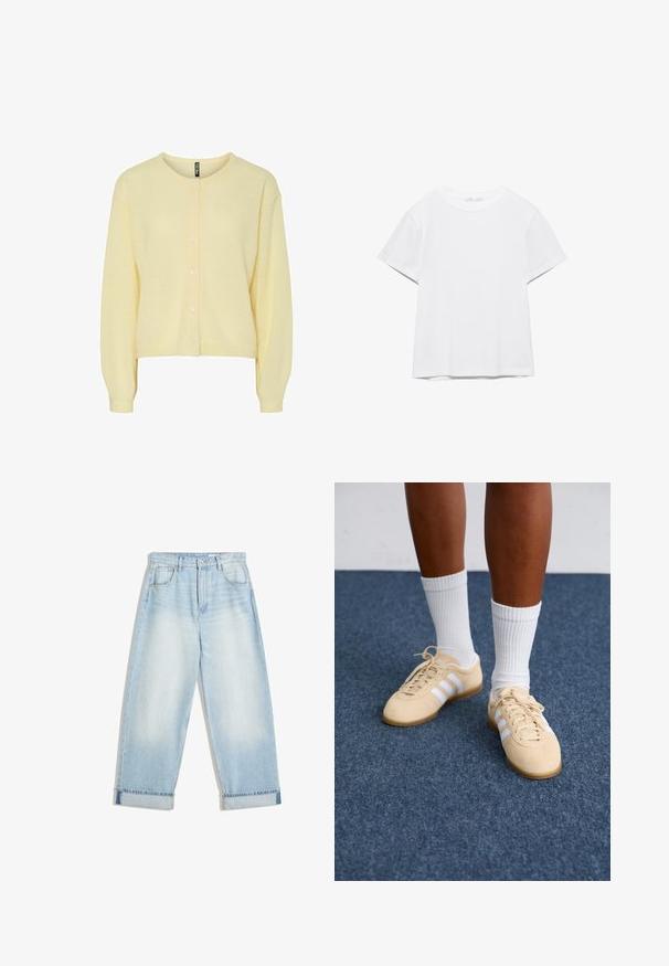 Gul cardigan lavet af blødt strikstof, med rund halsudskæring, knaplukning foran og lange ærmer med ribbede manchetter.; Hvid, kortærmet T-shirt med rund hals og lige kant, vist på en hvid baggrund.; Lyseblå denim bukser med vid ben og høj talje, med opslået kant, fem lommer og subtil falming på stoffet.; Person i beige Adidas sneakers med hvide striber og hvide ankelstrømper, stående på et blåt tæppe.