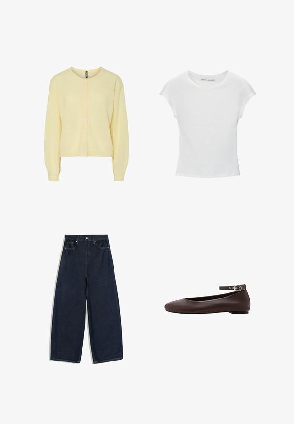Gul cardigan lavet af blødt strikstof, med rund halsudskæring, knaplukning foran og lange ærmer med ribbede manchetter.; Hvid bomuld t-shirt med korte, opsmøgede ærmer, rund halsudskæring og lige kant. Glat tekstur uden synlige mønstre eller detaljer.; Mørkeblå vidde jeans med knap og lommer foran, vist fladt på en hvid baggrund.; Mørkebrune flade sko med rund tå og justerbar ankelrem med sølvspænde på hvid baggrund.