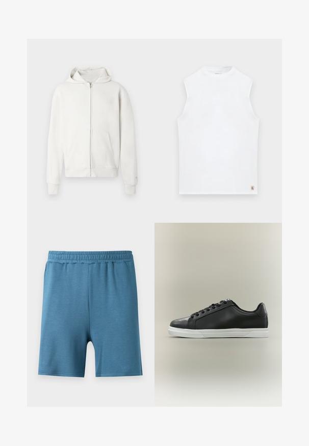 Weiße Zip-Hoodie aus weichem Stoff, mit einer Kapuze mit Kordelzug, vorderen Taschen und gerippten Bündchen sowie Saum für zusätzliche Details.; Weißes ärmelloses Top mit Rundhalsausschnitt und kleinem Calvin Klein-Logoetikett am unteren rechten Saum.; Blaue knielange Shorts mit elastischem Bund, aus weichem, strukturiertem Stoff, vor einem schlichten hellgrauen Hintergrund gezeigt.; Schwarzer Sneaker mit niedrigem Schaft, weißer Gummisohle und schwarzen Schnürsenkeln, seitlich auf hellem beigem Hintergrund dargestellt.