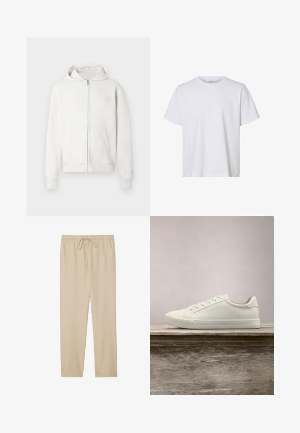Hvid zip-up hoodie lavet af blødt stof, med en hætte med snoretræk, forlommer og ribstrik ved håndled og kant for ekstra detalje.; Enkelt hvid kortærmet T-shirt med rund hals, almindelig pasform og glat stofstruktur, vist på en hvid baggrund.; Beige, lette bukser med elastisk talje og snøre. Lige ben-design; glat tekstur uden mønstre eller pynt.; Hvide snørresneakers svævende over en træbænk med grønne planter i baggrunden, der fremhæver skodesign og tekstur.