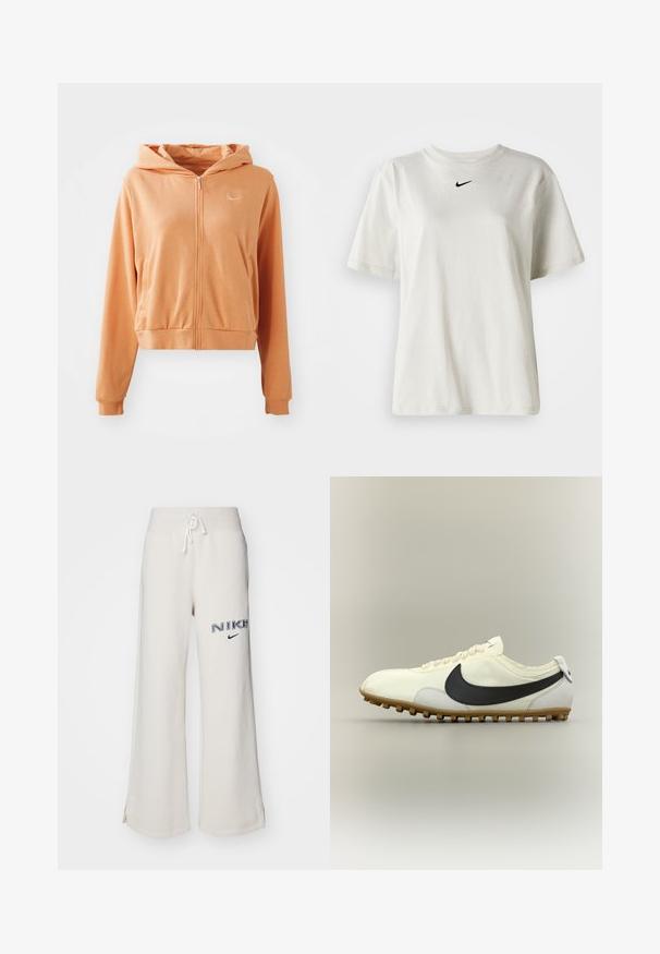 Sudadera con cremallera de color naranja, hecha de una tela suave. Presenta mangas largas, capucha, dobladillo y puños elásticos, y un pequeño logo blanco en el pecho.; Camiseta de algodón blanca con cuello redondo y mangas cortas. Presenta un pequeño logotipo negro de Nike en el pecho. Diseño sencillo y sin adornos.; Pantalones de chándal anchos de color beige claro, con cinturilla elástica y cordón, aberturas laterales y logo bordado de "NIKE" en azul oscuro.; Zapatilla deportiva blanca de perfil bajo con el logo negro de Nike, suela de goma y cordones blancos, mostrada sobre un fondo neutro en vista lateral.