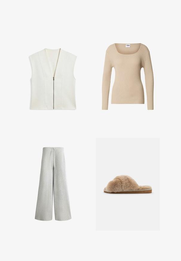 Veste sans manches crème avec un profond col en V et une fermeture éclair à l'avant. Confectionnée dans un tissu doux avec des coutures verticales pour un effet structuré.; Pull côtelé beige avec un col carré et des manches longues, fabriqué en tissu doux et texturé. Design simple, idéal pour superposer.; Pantalon large gris clair avec taille élastique et cordon de serrage, fabriqué en tissu doux et texturé.; Chausson en peluche beige avec une texture douce, à dos ouvert et doublure intérieure. Semelle plate avec une base marron clair et des coutures beiges.