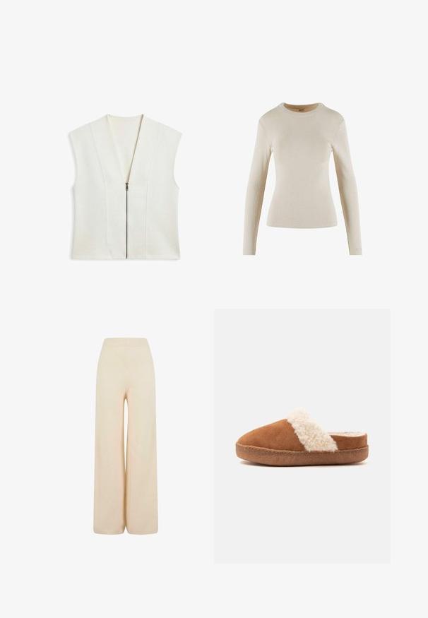 Veste sans manches crème avec un profond col en V et une fermeture éclair à l'avant. Confectionnée dans un tissu doux avec des coutures verticales pour un effet structuré.; Haut beige à manches longues en côte avec un col rond ; présente un design ajusté et un petit logo en détail sur le poignet.; Pantalons larges couleur crème en tissu doux, dotés d'une taille élastique et de détails en relief texturé aux poignets.; Chausson marron à enfiler avec une semelle épaisse et une bordure blanche duveteuse, conçu pour le confort et la chaleur intérieure.