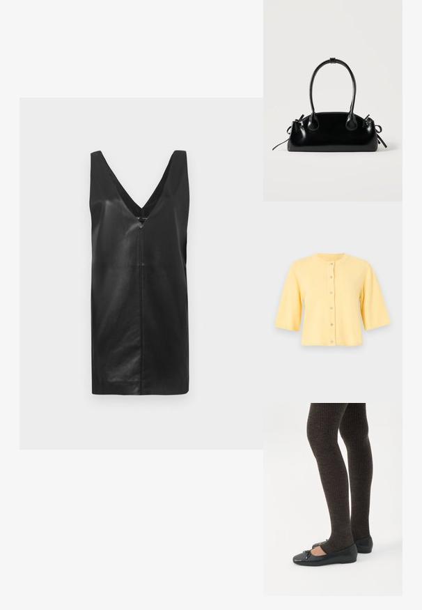 Cardigan jaune court à manches courtes et col rond, doté d'une fermeture boutonnée à l'avant avec six petits boutons.; Robe en cuir sans manches noire avec décolleté en V profond et détail de couture centrée, présentée sur un fond blanc uni.; Jambes portant des leggings côtelés foncés associés à des ballerines noires avec de petits détails en nœud sur fond blanc.; Petit sac à main noir brillant avec deux longues anses et des détails à cordon sur les côtés sur un fond clair uni.