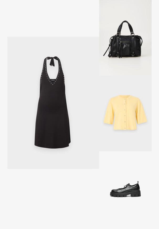 Cardigan jaune court à manches courtes et col rond, doté d'une fermeture boutonnée à l'avant avec six petits boutons.; Robe noire dos-nu avec bordure œillets argentés le long de l'encolure et des côtés, nouée au niveau du cou avec un nœud.; Chaussures en cuir noir à lacets avec un bout rond, semelle plateforme épaisse et couture décorative le long du bord.; Sac à main en simili cuir noir texturé avec des anses tressées, des accents en métal argenté et une poche zippée à l'avant. Design compact avec une bandoulière amovible.