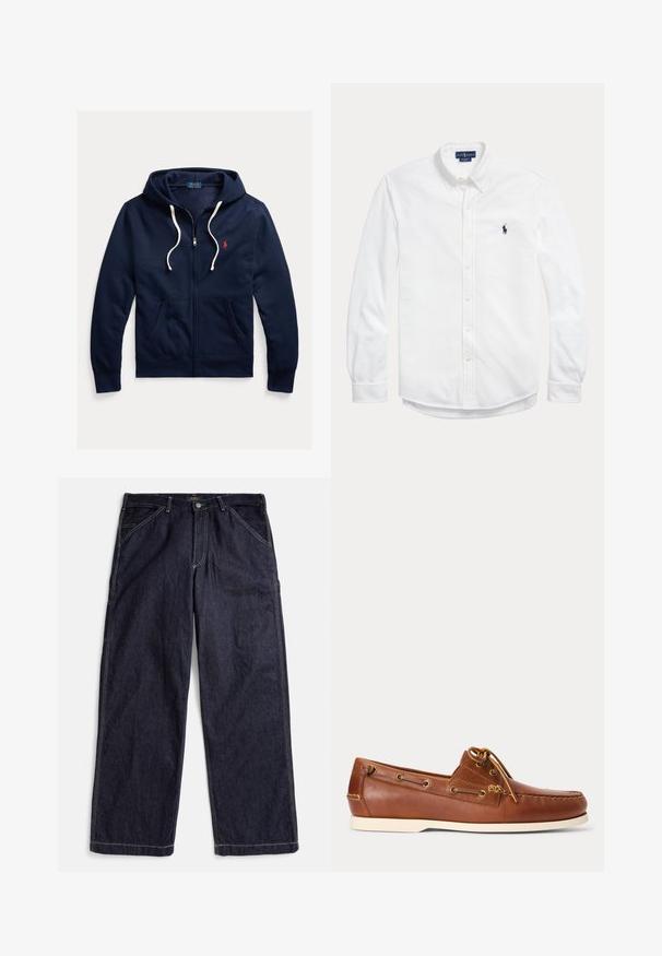 Sudadera con capucha azul marino con cremallera, cordones blancos, bolsillos delanteros y pequeño logo rojo de Polo Ralph Lauren en el pecho izquierdo.; Camisa blanca de manga larga con cierre de botones, cuello abotonado y pequeño logo oscuro de Polo Ralph Lauren en el pecho izquierdo.; Vaqueros azul oscuro de pierna recta con costuras en contraste, trabillas para cinturón y bolsillos delanteros, extendidos sobre un fondo blanco.; Zapato náutico de cuero marrón con suela blanca, cordones atados en la parte superior y ojales metálicos a lo largo de los lados y la costura delantera.