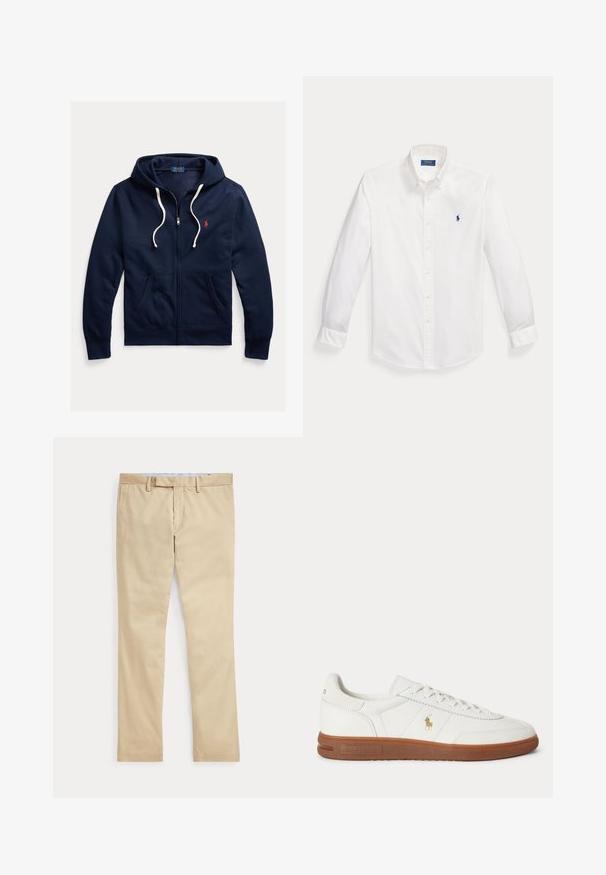 Sudadera con capucha azul marino con cremallera, cordones blancos, bolsillos delanteros y pequeño logo rojo de Polo Ralph Lauren en el pecho izquierdo.; Camisa blanca de manga larga con botones, cuello abotonado y pequeño logo Polo Ralph Lauren en azul marino en el pecho izquierdo.; Pantalones beige de corte recto con trabillas para cinturón y cremallera frontal, colocados planos sobre un fondo blanco.; Zapatilla blanca de caña baja con suela marrón, cordones en la parte delantera y pequeño logo dorado de Polo Ralph Lauren en el lateral.
