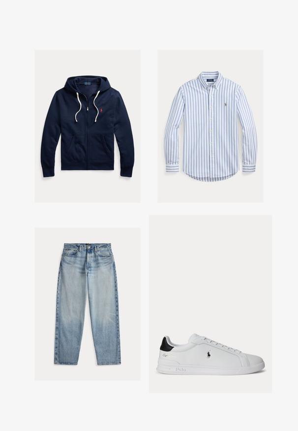 Tumesinine lukuga kapuutsiga dressipluus valgete paeladega, ees taskud ja vasakul rinnal väike punane Polo Ralph Lauren logo.; Pikakäiste nööbitav särk siniste ja valgete vertikaalsete triipudega ning väikese tikitud logoga vasakul rinnal.; Hele sinised teksapüksid lahtise istmega. Omavad kõrget pihta, viit taskut ja nähtavat õmblust. Pinna tekstuur on veidi karedam.; Valge madala säärega toss musta kandumärgiga, paelte ja Polo Ralph Laureni logoga küljel, reljeefsete talladetailidega.